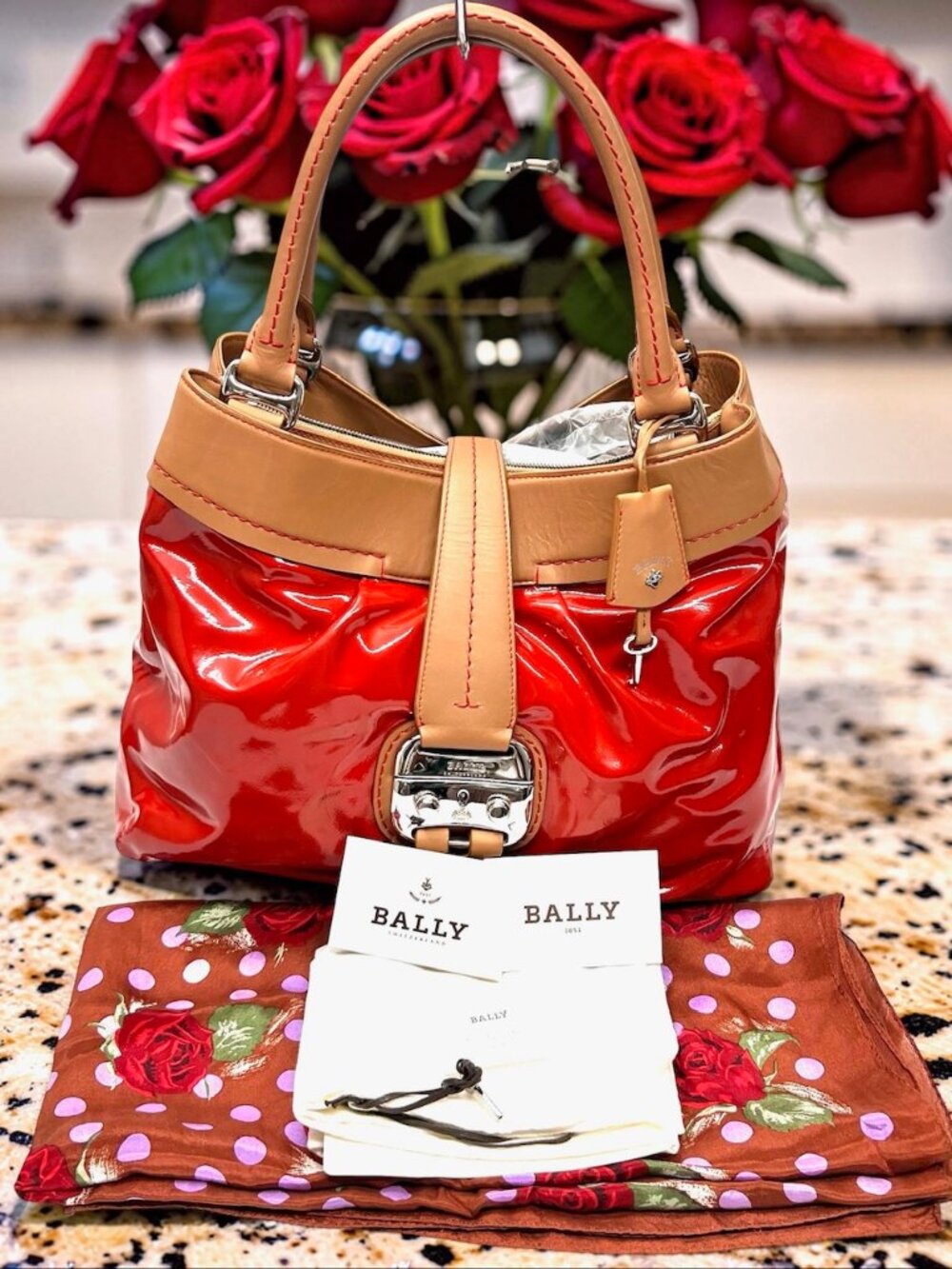 Classic 1831 Bally Switzerland Patten Leather Shoulder Lg Bag Red Lock+ Scarf(7 - Picture 16 of 16